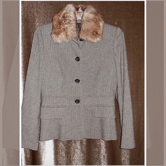 BANANA REPUBLIC Fur Collar Herringbone Jacket Blazer - Picture 1 of 7